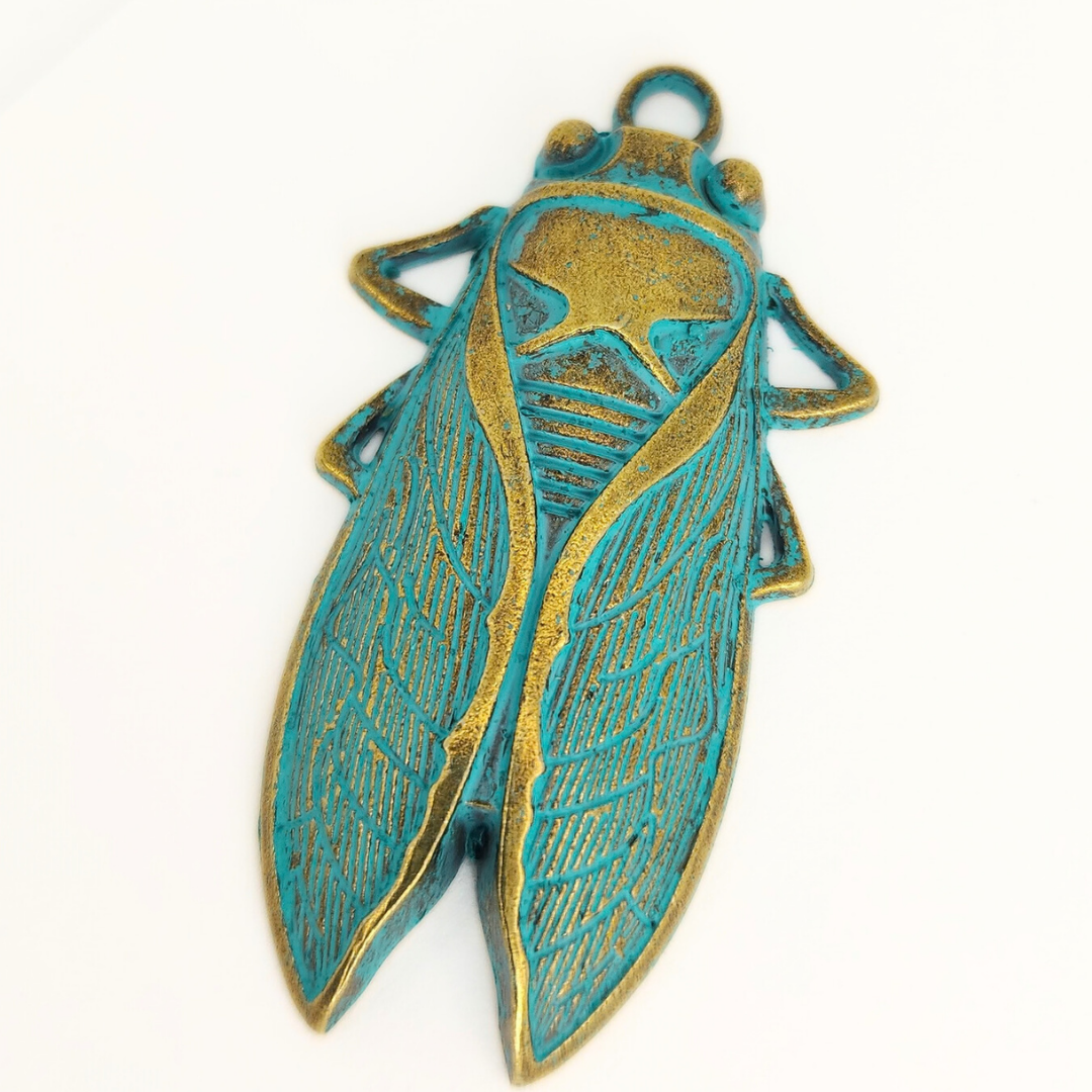 Green Bronze "Pewter" Cicada Bug Pendant 33x61mm