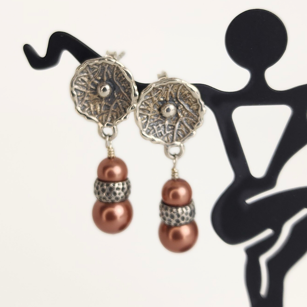 Copper Floral Pearl Stack Earrings